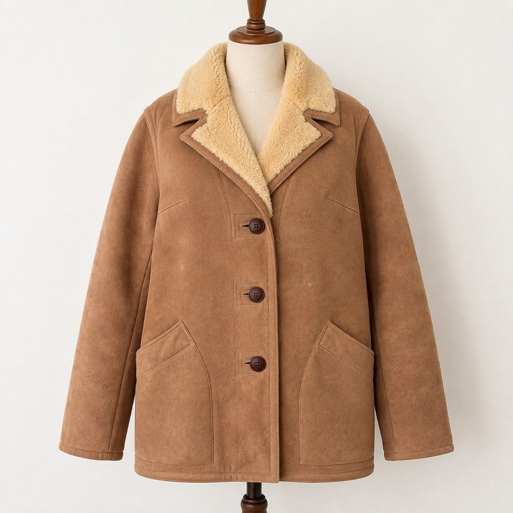 Vintage 70s Norm Thompson Shearling Sheepskin Coat Womens 12 Tan Suede